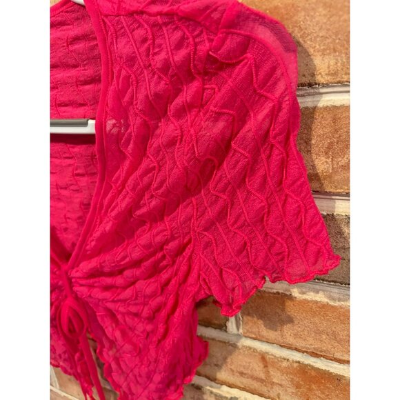 Pink Sheer Textured Cropped Top W/Drawstring Y2K 90s - Picture 3 of 6